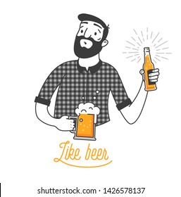 Hombre con barba bebiendo cerveza fría ilustración vectorial y como diseño de tipografía de cerveza. Hombre hipster con barba sosteniendo un vaso y una cerveza de botella. Diseño plano y limpio para el diseño de barras y menús. La mejor cerveza del mundo