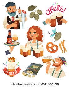 Bearded man drinking cold beer vector illustration barman pour beer in glass design. Redhead girl waitress holding many glasses and mugs of beer. Clean flat design for bar and menu design.