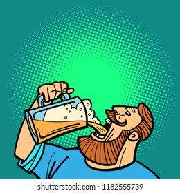 Bearded man drinking a mug of beer. Comic cartoon pop art retro vector illustration drawing