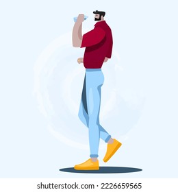 bearded man is drinking waterColored flat graphic vector illustration of fashionable man