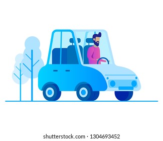 Bearded man driving a car, modern flat design