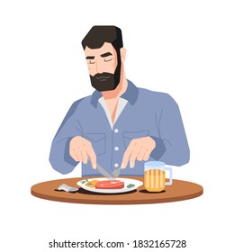 Bearded man eating meat and drinking beer isolated flat cartoon character. Vector male person sitting and cutting pork or lamb with fork and knife. Tasty dinner, food and drinks, guy in restaurant
