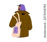 Bearded man with eco canvas bag walking back view. Guy wearing hood, modern urban outfit. Male in cap with shopper, tote in casual style. Flat isolated vector illustration on white background
