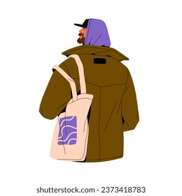 Bearded man with eco canvas bag walking back view. Guy wearing hood, modern urban outfit. Male in cap with shopper, tote in casual style. Flat isolated vector illustration on white background