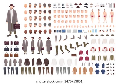 Bearded man in elegant coat and hat constructor set or DIY kit. Bundle of body parts, postures, hairstyles, stylish clothes. Male cartoon character. Front, side, back views. Flat vector illustration.