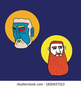 Bearded man emoji character with different expressions. Vector illustration in animation style