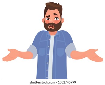 Bearded man emotionally spreads his hands. Question what's going on or why? Vector illustration in cartoon style