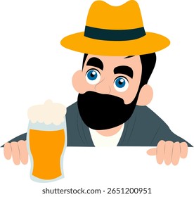 Bearded Man Enjoying Beer in Hat peeking, happy Iceland Beer Day