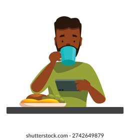 Bearded man enjoying breakfast while drinking coffee and using his smartphone