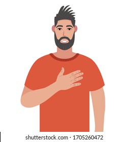 Bearded man expresses his positive feeling to people who surround him, keep hand on chest or heart. Vector illustration in cartoon style.