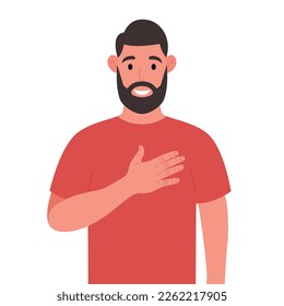 Bearded man expresses his positive feeling to people, keep hands on chest or heart. Vector illustration.