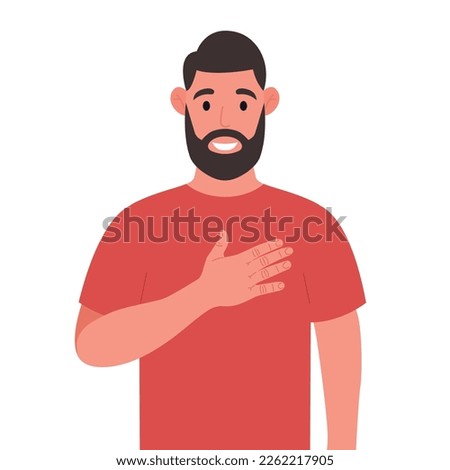 Bearded man expresses his positive feeling to people, keep hands on chest or heart. Vector illustration.