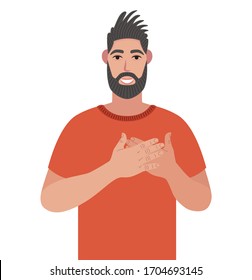 Bearded man expressing gratitude. Hipster keeps hands on chest, being cordial and friendly, expresses gratitude and thankfulness. Vector illustration in cartoon style.