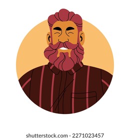 Bearded man face avatar. Happy smiling male character with moustache, head portrait. Cheerful stylish modern person with trendy hairstyle. Flat vector illustration isolated on white background