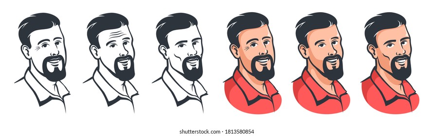 Bearded Man Face Set In Retro Style. Hipster Head With Goatee Beard And Stylish Hairstyle. Cartoon Vector Illustration.