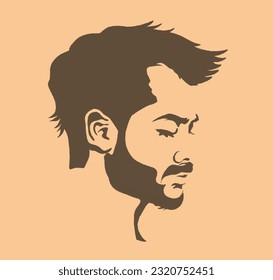 bearded man face with short haircut, brown background