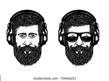 Bearded man face with sun glases and headphones. Design element for poster, emblem, label, t shirt. Vector illustration