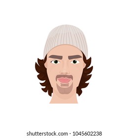 Hombre con barba Cara Con Sombrero Tipo Hipster Icono Aislado Vector plano Ilustración