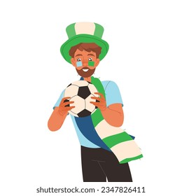 Bearded Man Fan Character in Green Hat and Scarf with Ball Cheering for Sport Team Vector Illustration