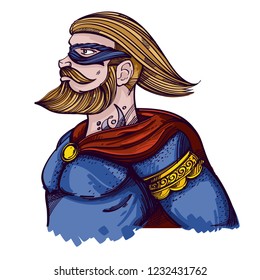 Bearded Man in a fantastic superhero costume.