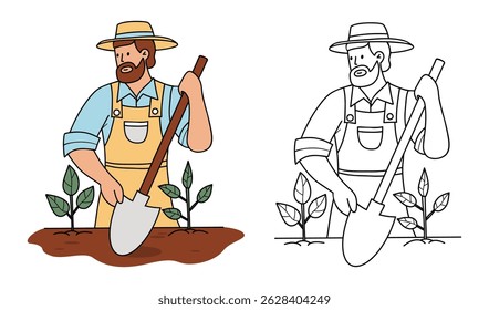 Bearded Man Farmer with garden tool Shovel. Male Gardener set. Isolated Color and Outline linear hand drawing. Vector illustration