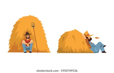 Bearded Man Farmer Sitting Near Hay Stack Resting Vector Set