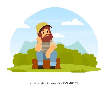 Bearded man farmer sitting on tree log on ntaure cartoon vector