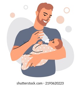 A bearded man feeds a newborn baby with milk from a bottle. Portrait of a caring father with a baby in his arms. Concept of parental leave and child care. Flat style. Vector isolated on white bg. 