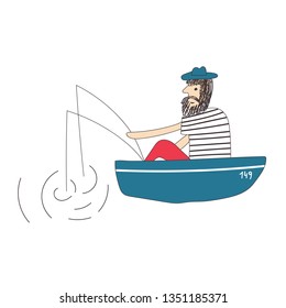 Bearded man fisherman sitting in a boat and fishing with fishing rods. Vector illustration.
