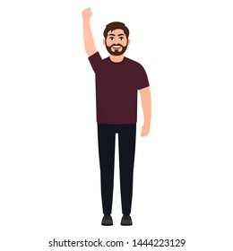 Bearded man with fist raised up, guy shows protest gesture, cartoon character vector illustration