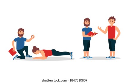 Bearded Man as Fitness Trainer or oach Giving Instructions in Gym Vector Illustration Set