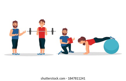 Bearded Man as Fitness Trainer or oach Giving Instructions in Gym Vector Illustration Set
