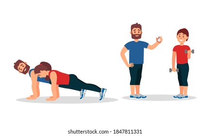 Hombre con barba como entrenador de fitness o entrenador de autocares impartiendo instrucciones en un conjunto de iluminación de vectores de gimnasio