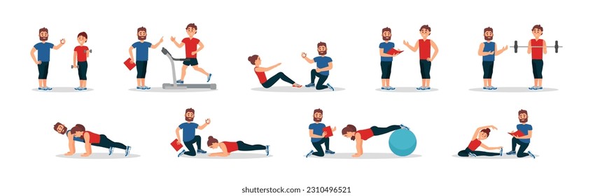 Hombre con barba como entrenador de fitness o entrenador de autocares impartiendo instrucciones en un conjunto de iluminación de vectores de gimnasio