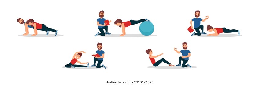 Bearded Man as Fitness Trainer or oach Giving Instructions in Gym Vector Illustration Set