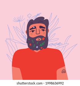 a bearded man with flowers in own beard