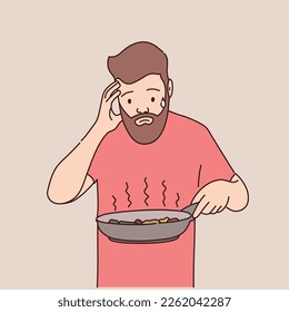 Bearded man food burned in the pan. Vector illustration.
