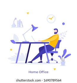Bearded man or freelancer sitting at desk with laptop computer and working. Concept of home office or workplace, freelance or remote work, distance job. Modern flat colorful vector illustration.