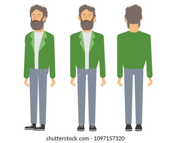 Bearded man front side and back view