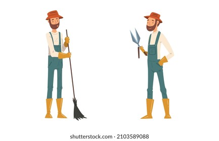 Bearded Man Gardener in Bucket Hat and Gloves with Pruner and Broom Sweeping in the Yard Vector Set