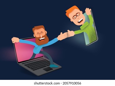Ein bärtiger Mann kommt aus seinem Laptop und schüttelt mit einem rothaarigen Jungen die Hände. Vektorbanner