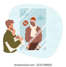 Bearded man with gift looks at store window with mannequin wearing winter clothes hat, scarf and jacket on sale and price tag. Holiday sale, shopping for gifts and clothes. Vector illustration
