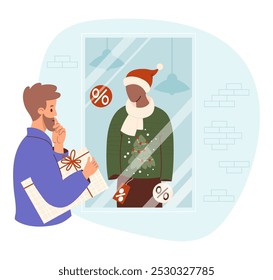 Bearded man with gift near showcase of New Year store with mannequin in Santa hat in ugly Christmas sweater with tree and price tag. Holiday sale, shopping for gifts and clothes. Vector illustration