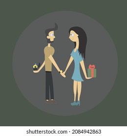 A bearded man and a girl in a blue dress give gifts. Real love story.