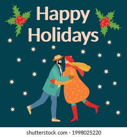 A bearded man and a girl are hugging, the couple congratulates each other on the winter holidays. Christmas and Happy New Year illustration. Trendy retro style, design template.
