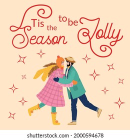 A bearded man and a girl are hugging, the couple congratulates each other on the winter holidays. Christmas and Happy New Year illustration. Trendy retro style, design template.