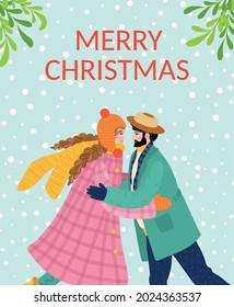 A bearded man and a girl are hugging, the couple congratulates each other on the winter holidays. Christmas and Happy New Year illustration. Trendy retro style, design template.