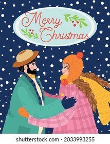 A bearded man and a girl are hugging, the couple congratulates each other on the winter holidays. Christmas and Happy New Year illustration. Trendy retro style, design template.