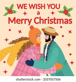 A bearded man and a girl are hugging, the couple congratulates each other on the winter holidays. Christmas and Happy New Year illustration. Trendy retro style, design template.