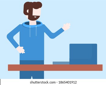Bearded man giving a class or video conference or explaining something to sell